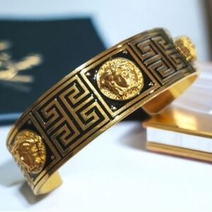 Gold Plated Luxury Medusa Greek Key Cuff Bracelet